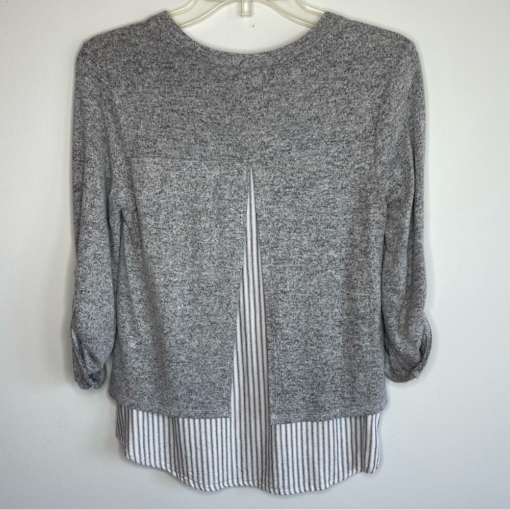 Monteau Preppy Classic Gray Crewneck Roll Tab Layered Sweater Top Blouse - Picture 3 of 8